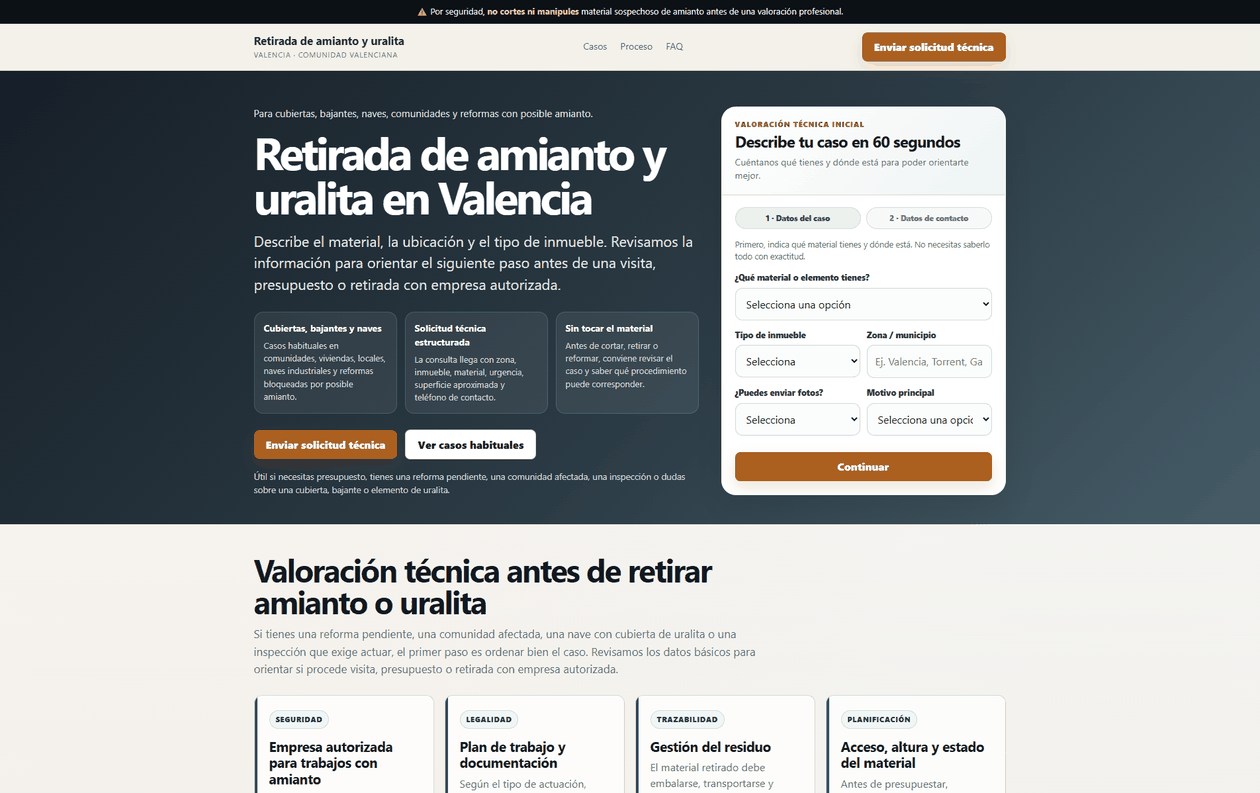 Captura de la página del sistema de retirada de amianto y uralita en Valencia